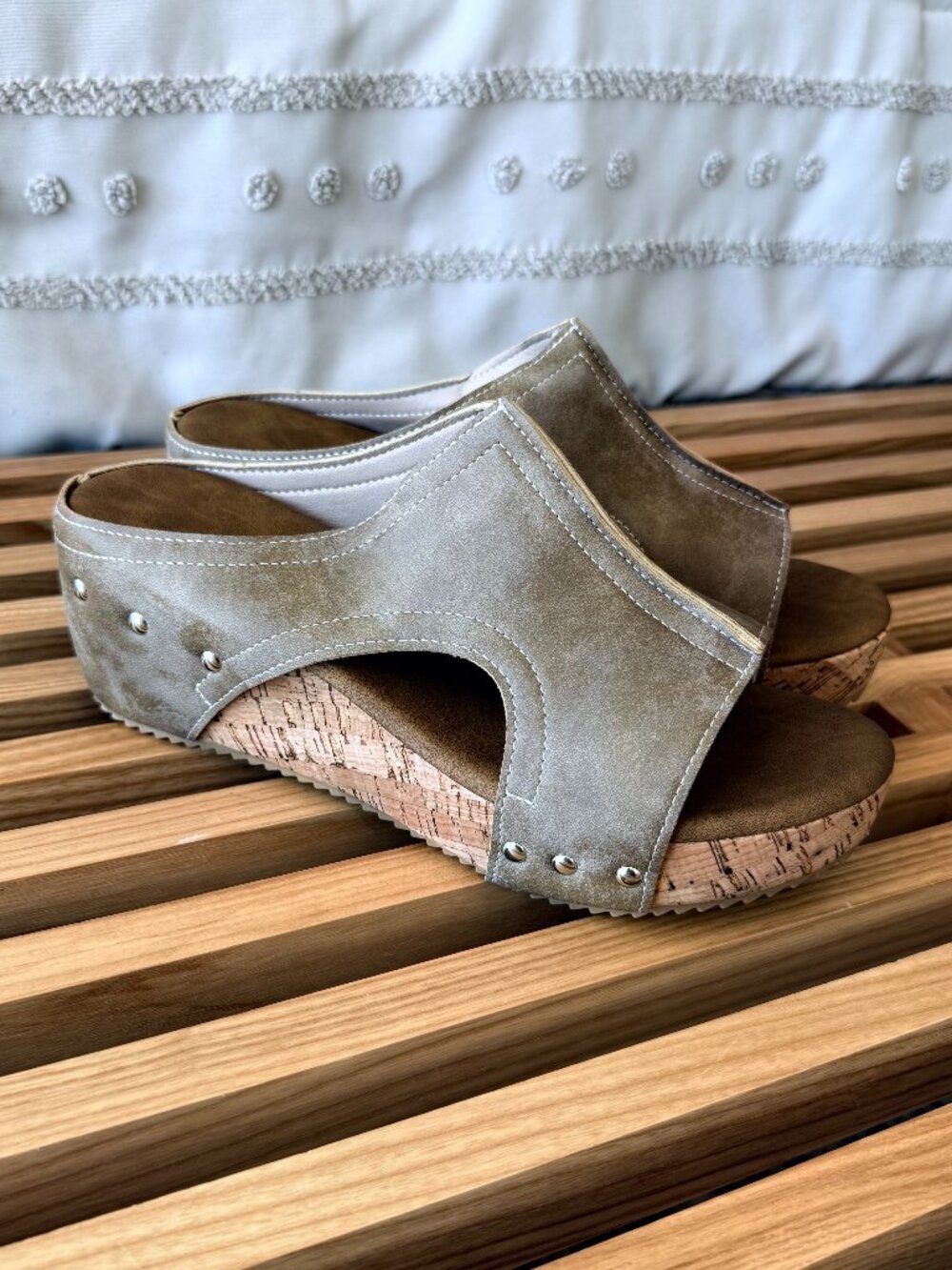 Studded Cork Wedge Platform Sandal Mules | Beige/ Taupe | Size 39 (Sz 8)